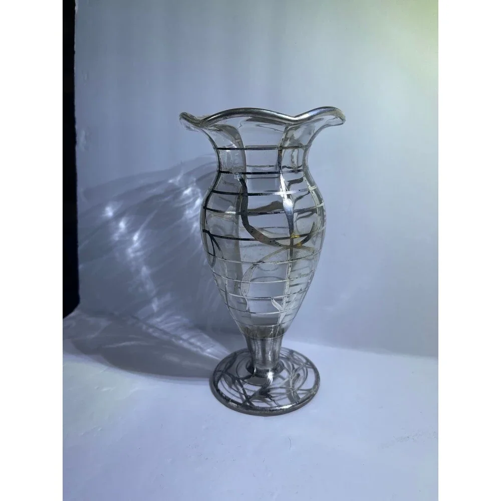 Art Nouveau Vase Sterling Silver Overlayed Glass Fluted Lip Footed Circa 1930’s